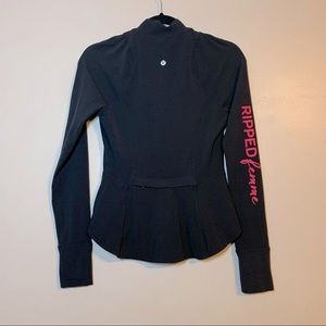 Lululemon black lightweight zip up active sweater w “ Ripped Femme” on sleeve
